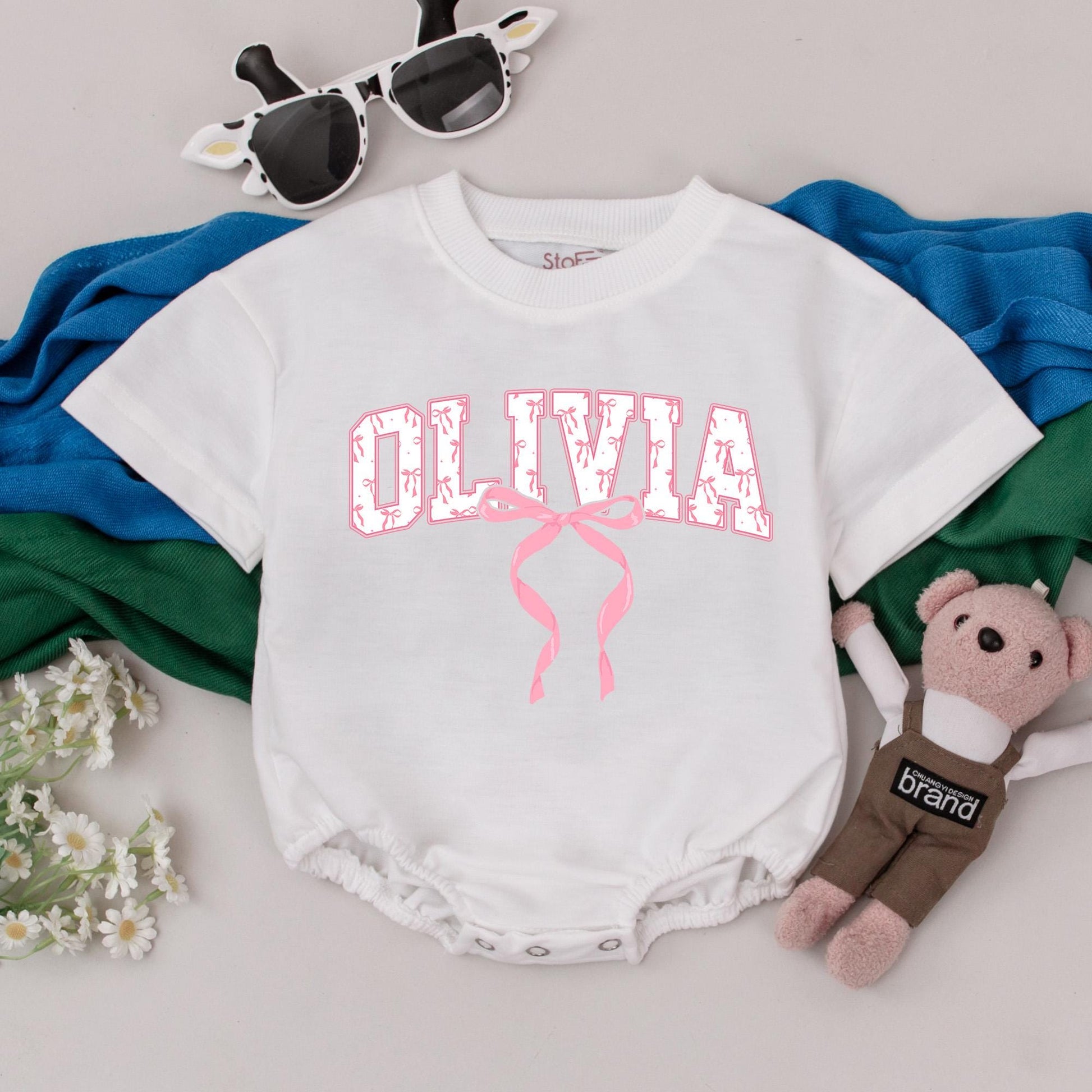 Personalized Baby Girl Bubble Romper Pink Bow Name Design First Birthday Cake Smash Outfit Custom Stylized Lettering Soft Cotton Playful Girly Gift