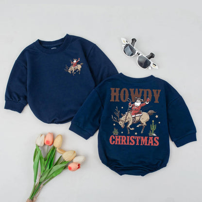 Howdy Christmas Bubble Romper Cowboy Santa Reindeer Western Baby Outfit Infant Toddler Country Holiday Clothes Gift