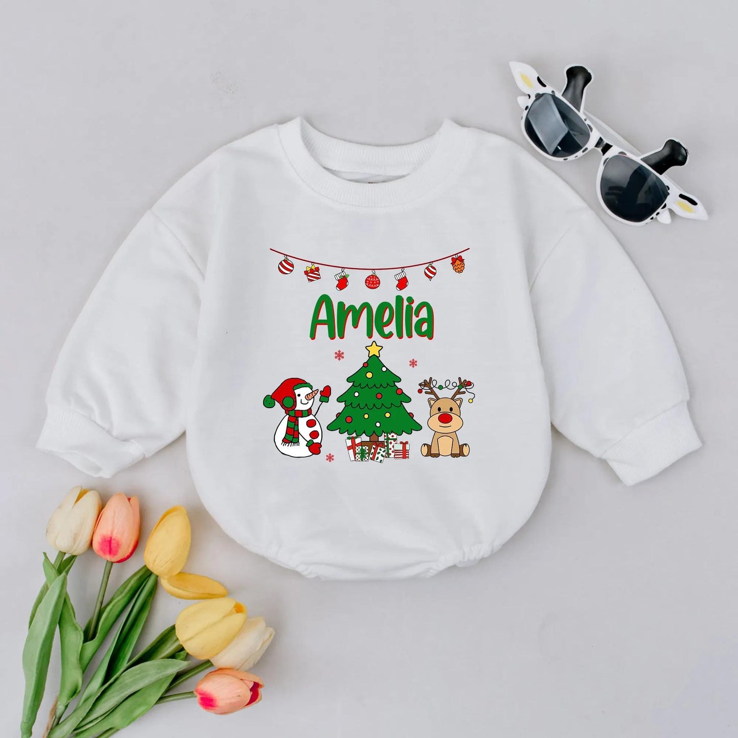 Personalized Christmas Bubble Romper Cute Holiday Bodysuit Outfit Reindeer Snowman Tree Lights Gifts Newborn First Christmas Toddler