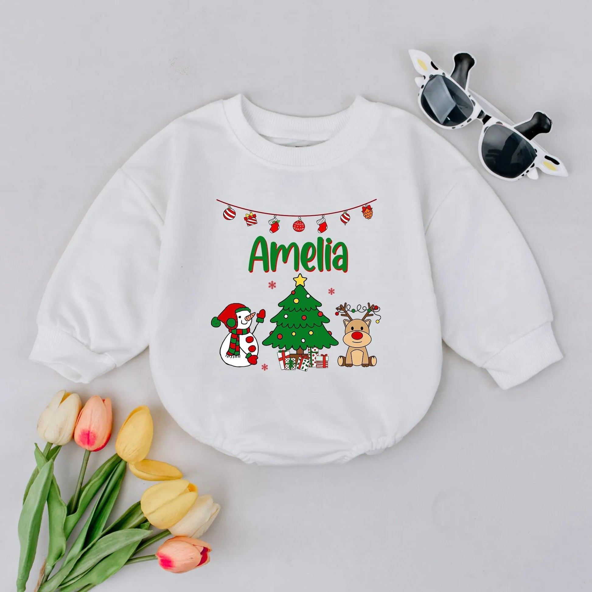 Personalized Christmas Bubble Romper Cute Holiday Bodysuit Outfit Reindeer Snowman Tree Lights Gifts Newborn First Christmas Toddler