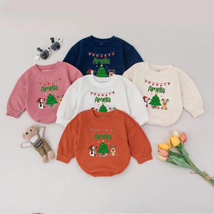 Personalized Christmas Bubble Romper Cute Holiday Bodysuit Outfit Reindeer Snowman Tree Lights Gifts Newborn First Christmas Toddler
