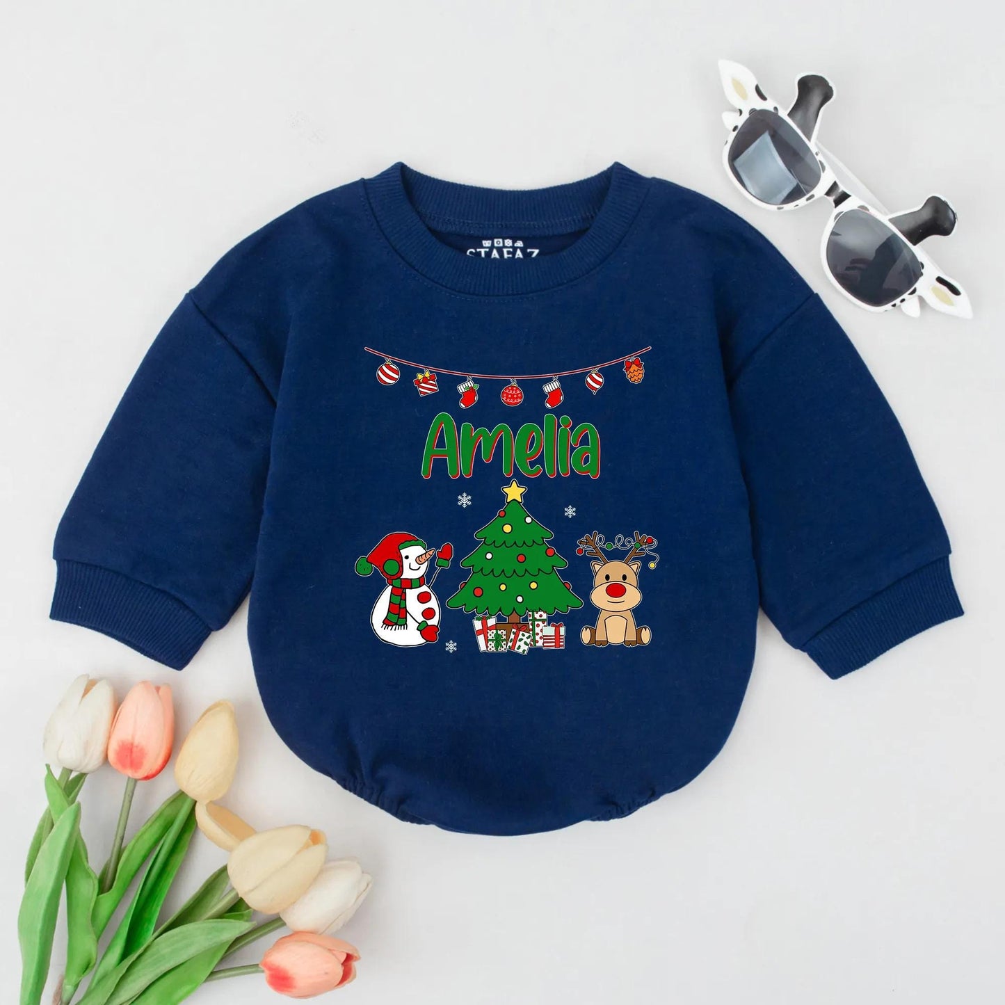 Personalized Christmas Bubble Romper Cute Holiday Bodysuit Outfit Reindeer Snowman Tree Lights Gifts Newborn First Christmas Toddler