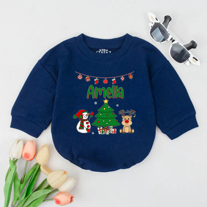 Personalized Christmas Bubble Romper Cute Holiday Bodysuit Outfit Reindeer Snowman Tree Lights Gifts Newborn First Christmas Toddler