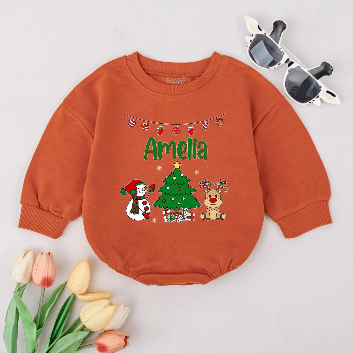 Personalized Christmas Bubble Romper Cute Holiday Bodysuit Outfit Reindeer Snowman Tree Lights Gifts Newborn First Christmas Toddler