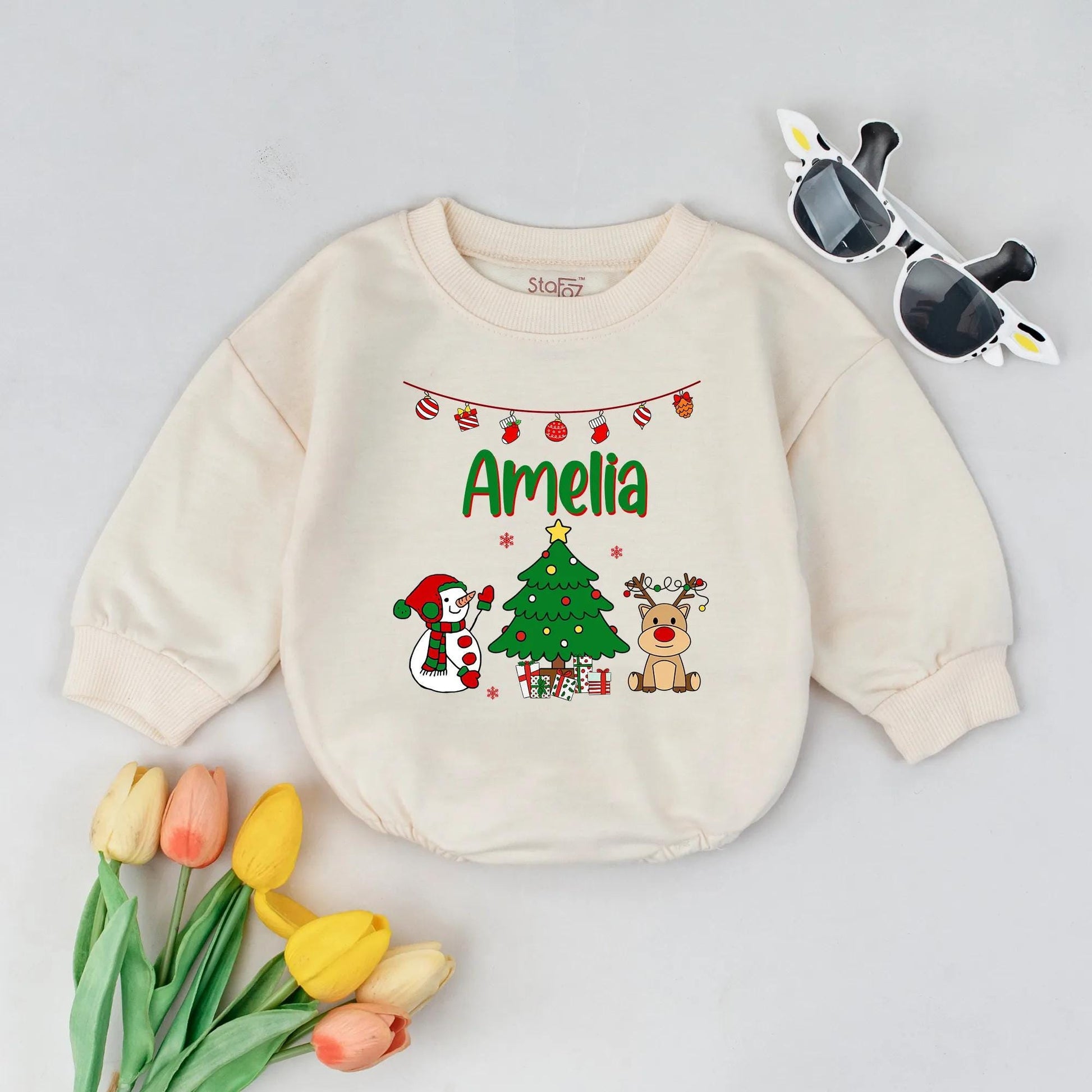 Personalized Christmas Bubble Romper Cute Holiday Bodysuit Outfit Reindeer Snowman Tree Lights Gifts Newborn First Christmas Toddler