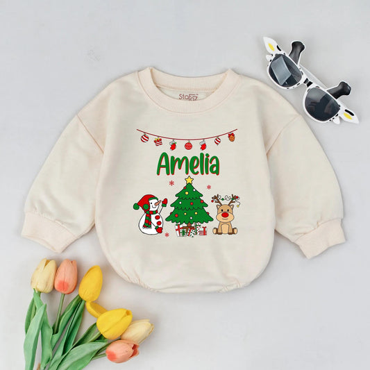 Personalized Christmas Bubble Romper Cute Holiday Bodysuit Outfit Reindeer Snowman Tree Lights Gifts Newborn First Christmas Toddler