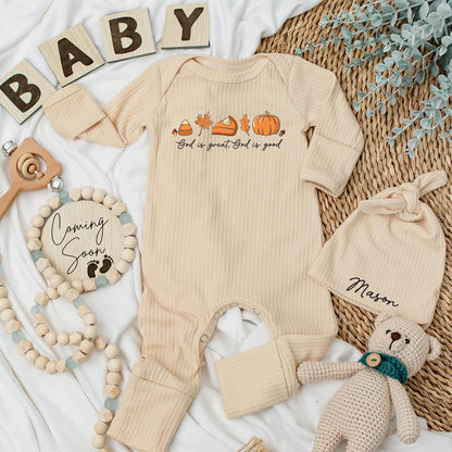 Personalized God is Good Baby Bodysuit Fall Thanksgiving Christian Newborn Outfit with Muted Orange Brown Yellow Pumpkin Maple Leaf Design