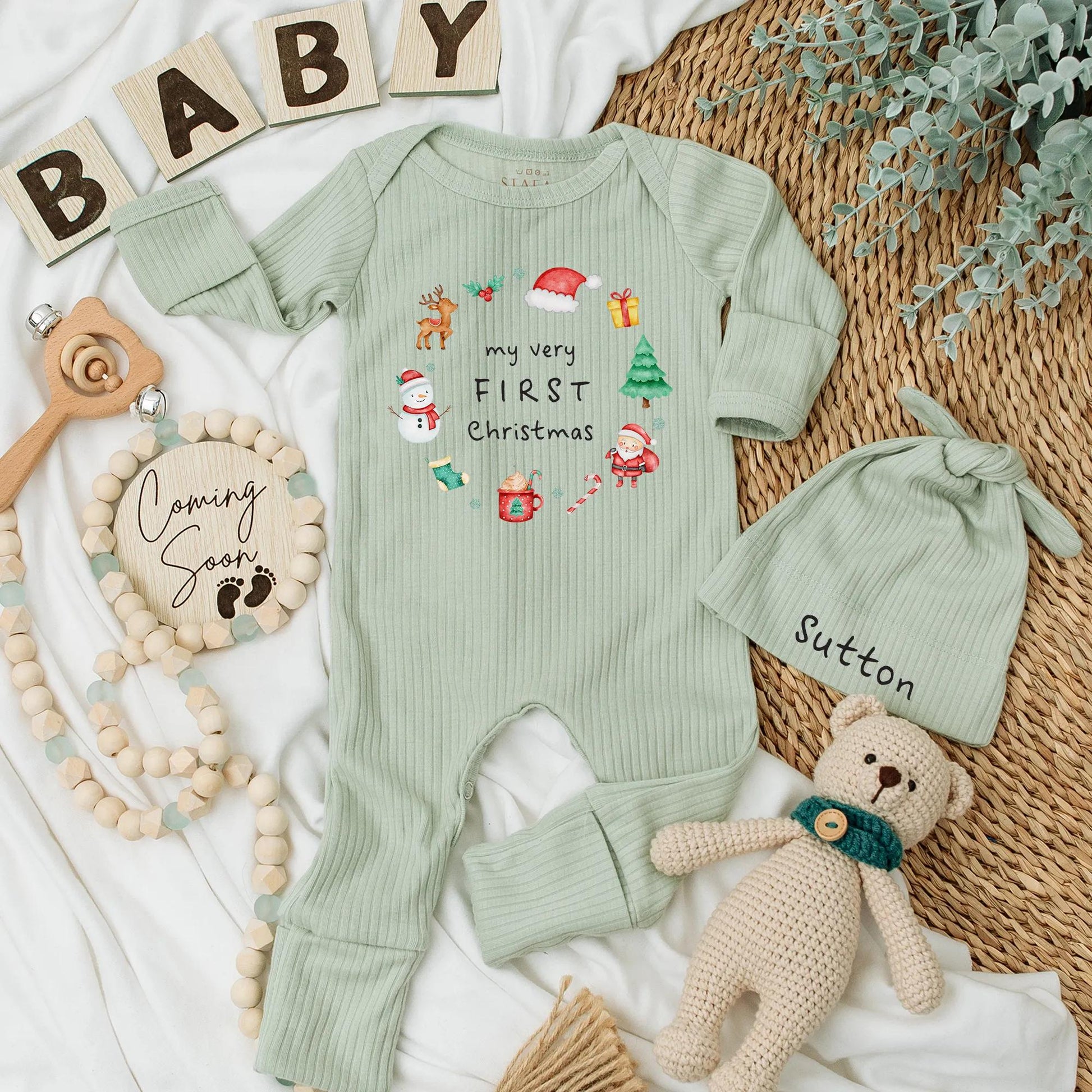 My Very First Christmas Baby Bodysuit Adorable Whimsical Holiday Newborn Outfit featuring Reindeer Santa Tree Snowman Gifts Xmas Shower Gift Idea