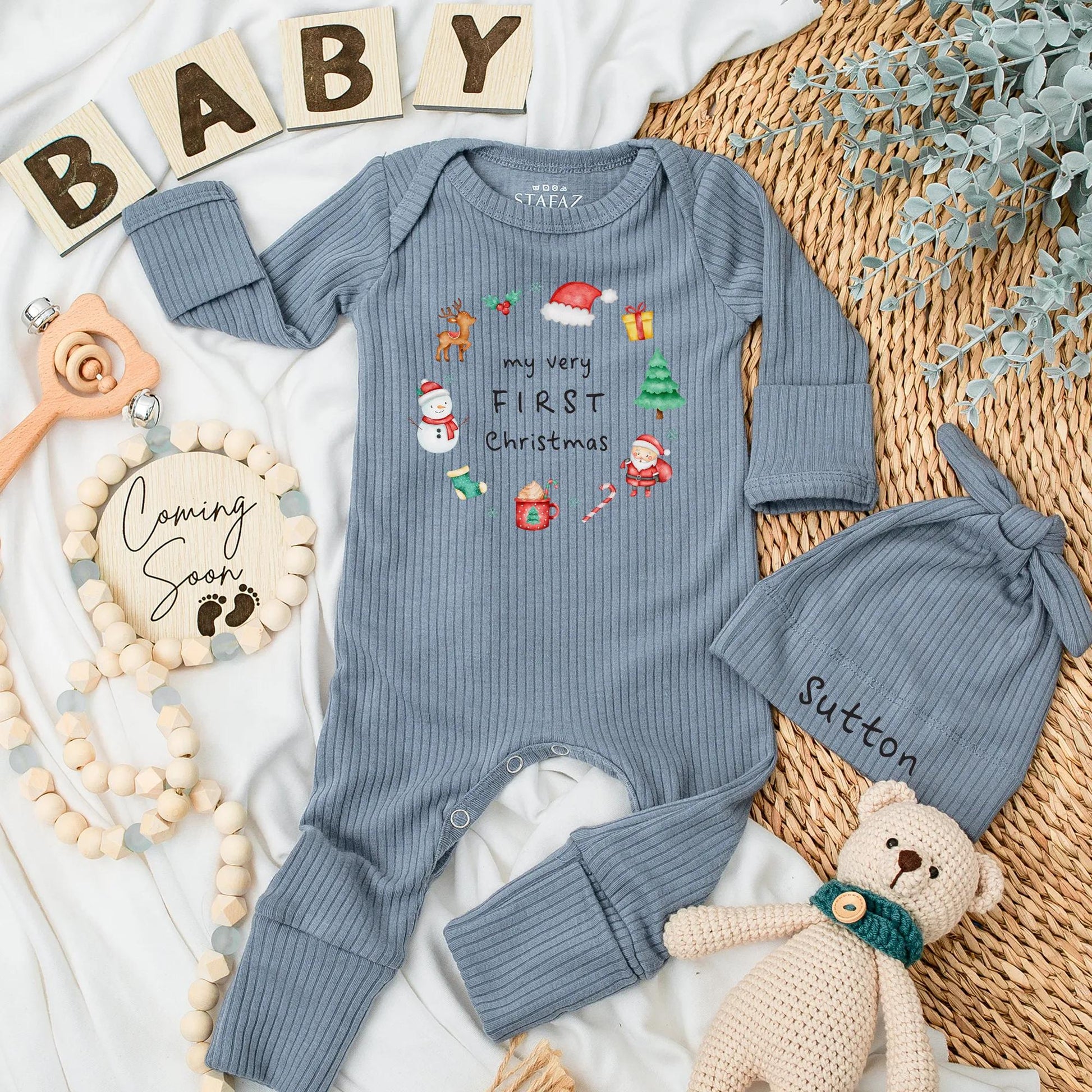 My Very First Christmas Baby Bodysuit Adorable Whimsical Holiday Newborn Outfit featuring Reindeer Santa Tree Snowman Gifts Xmas Shower Gift Idea