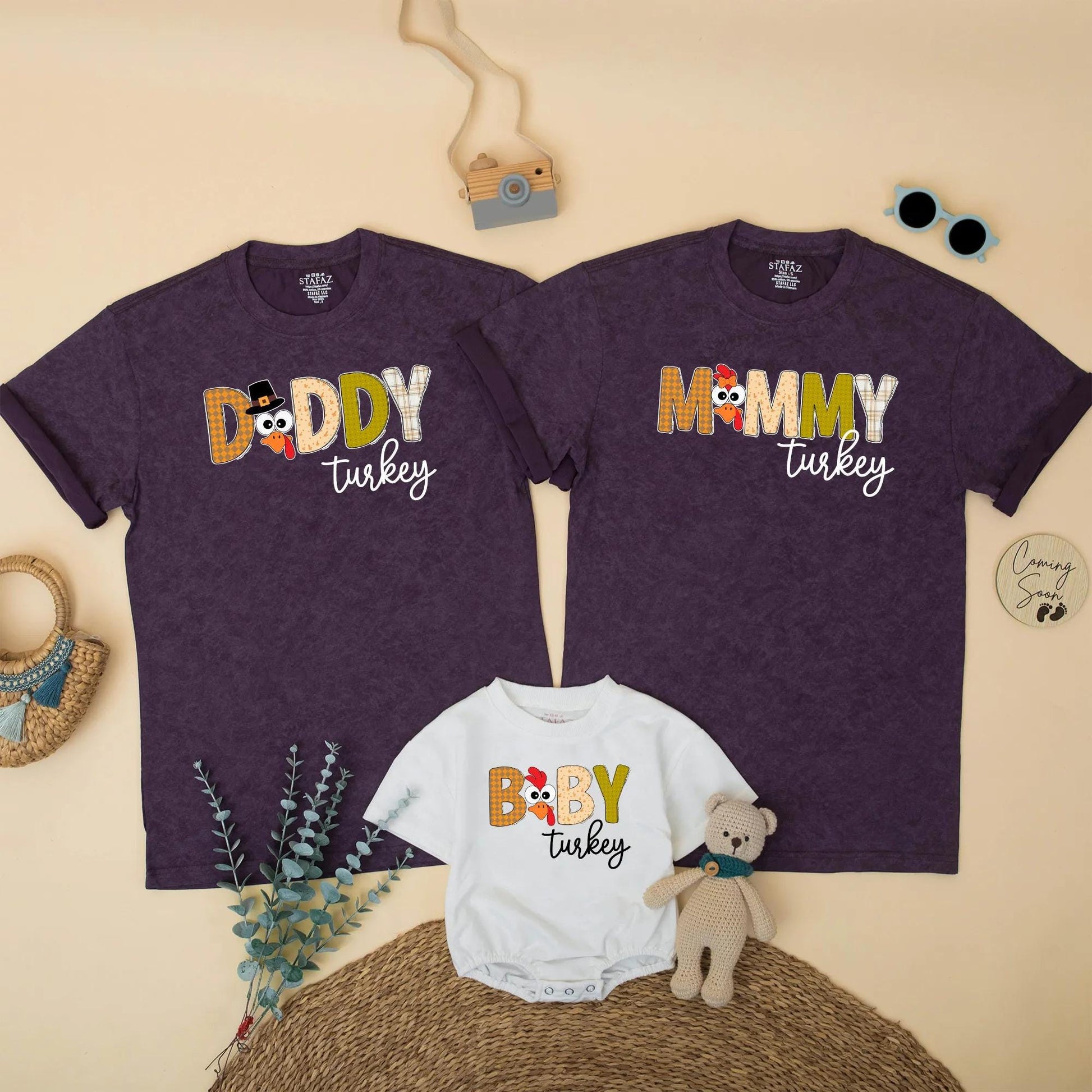 Custom Family Matching Thanksgiving Turkey Shirts, Autumnal Mommy Daddy Baby Brother Outfits featuring Cute Festive Cartoon Designs for Fall
