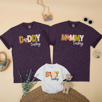 Custom Family Matching Thanksgiving Turkey Shirts, Autumnal Mommy Daddy Baby Brother Outfits featuring Cute Festive Cartoon Designs for Fall