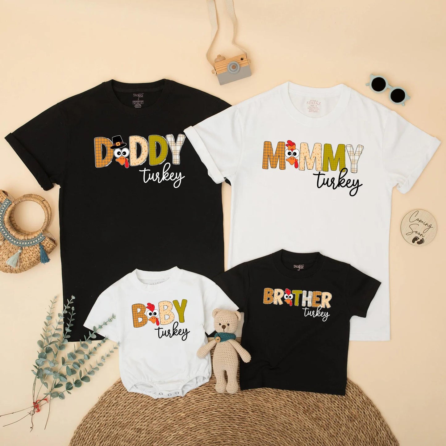 Custom Family Matching Thanksgiving Turkey Shirts, Autumnal Mommy Daddy Baby Brother Outfits featuring Cute Festive Cartoon Designs for Fall