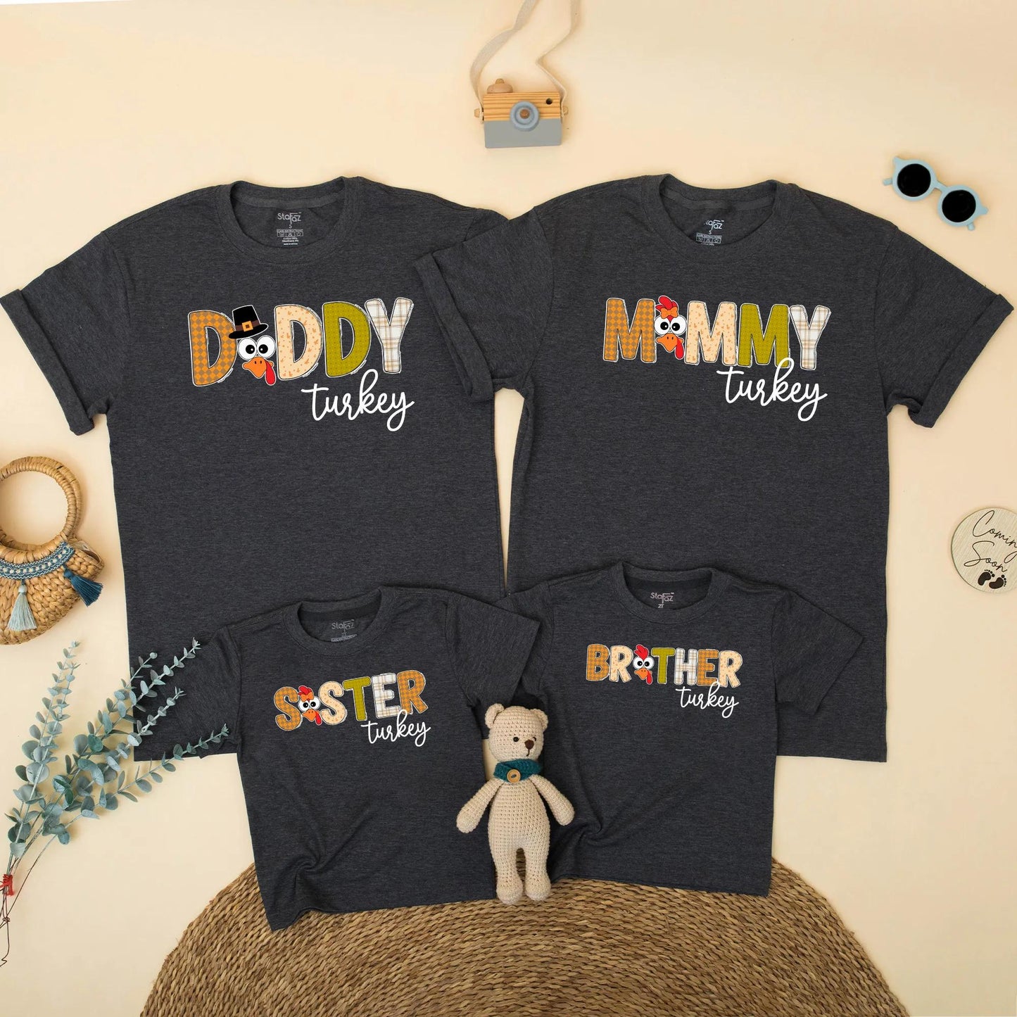 Custom Family Matching Thanksgiving Turkey Shirts, Autumnal Mommy Daddy Baby Brother Outfits featuring Cute Festive Cartoon Designs for Fall