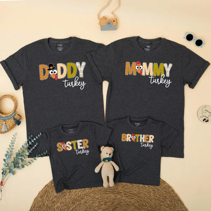 Custom Family Matching Thanksgiving Turkey Shirts, Autumnal Mommy Daddy Baby Brother Outfits featuring Cute Festive Cartoon Designs for Fall