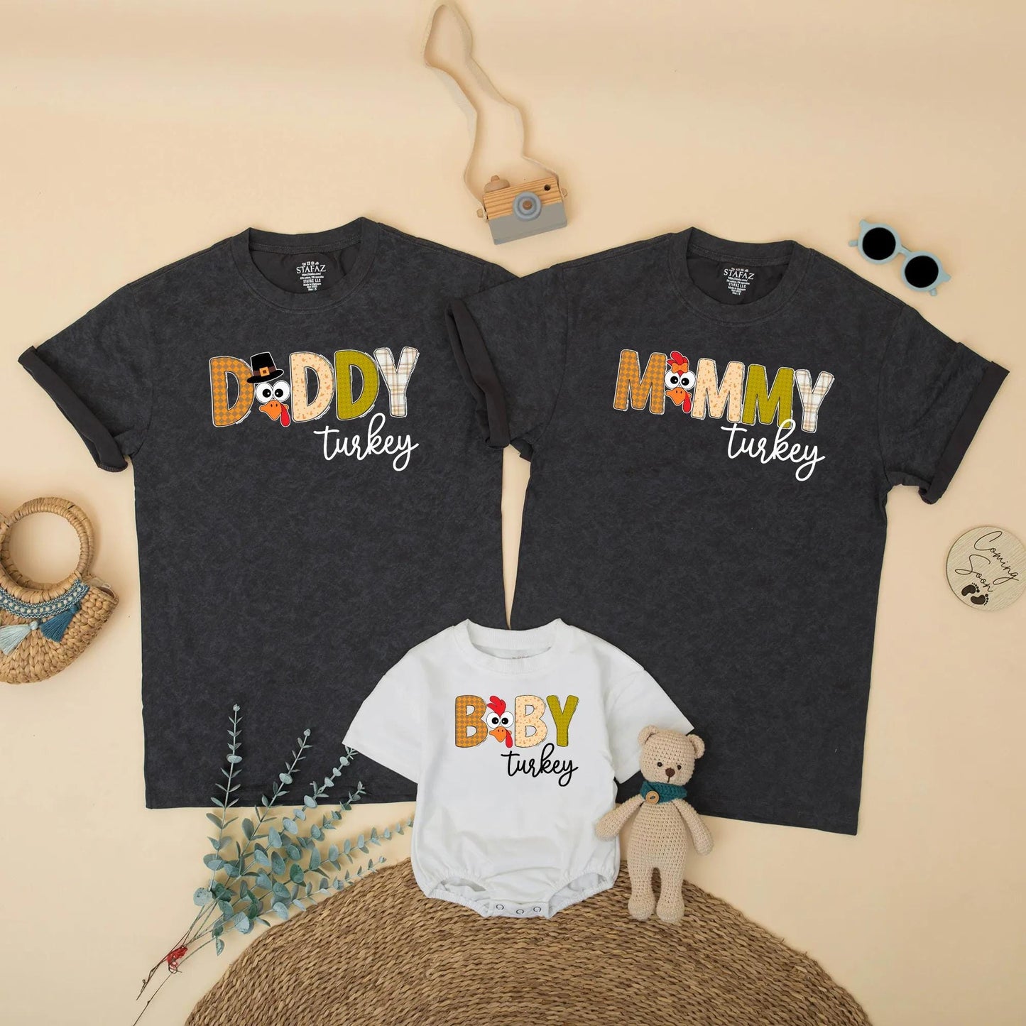 Custom Family Matching Thanksgiving Turkey Shirts, Autumnal Mommy Daddy Baby Brother Outfits featuring Cute Festive Cartoon Designs for Fall