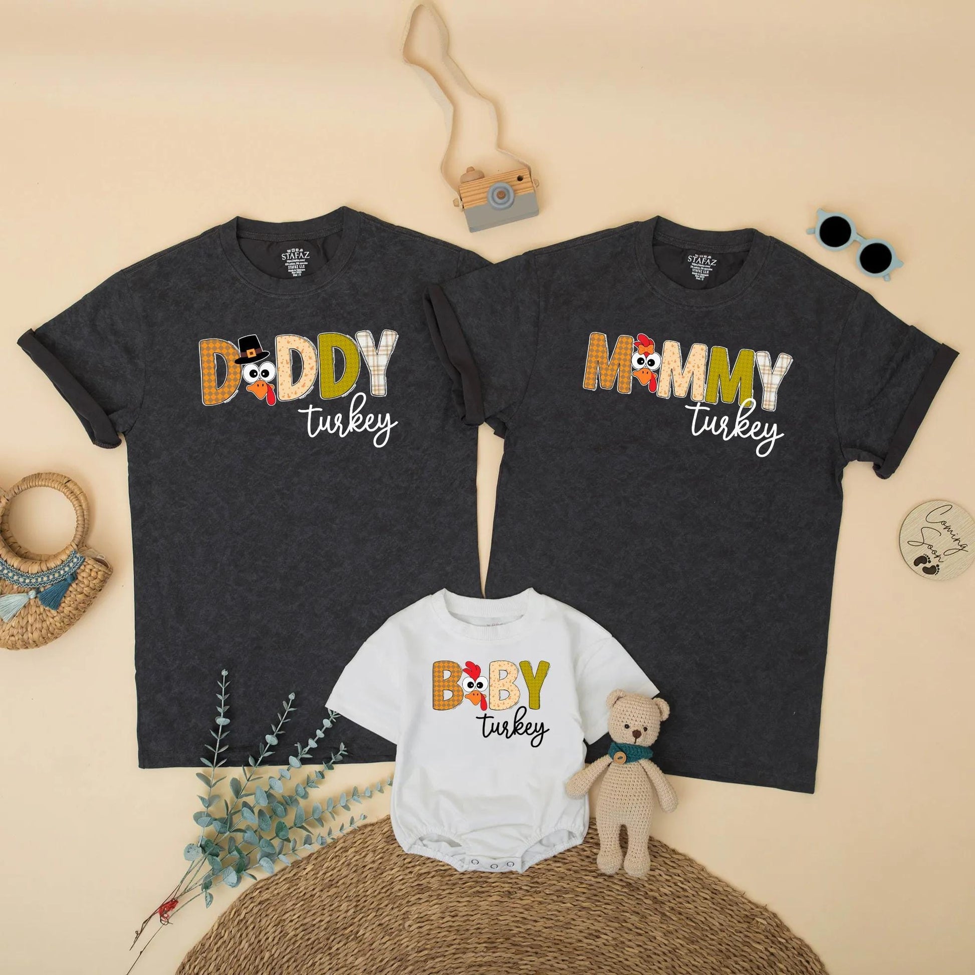 Custom Family Matching Thanksgiving Turkey Shirts, Autumnal Mommy Daddy Baby Brother Outfits featuring Cute Festive Cartoon Designs for Fall