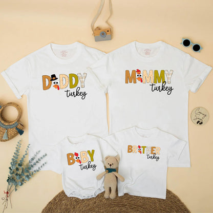 Custom Family Matching Thanksgiving Turkey Shirts, Autumnal Mommy Daddy Baby Brother Outfits featuring Cute Festive Cartoon Designs for Fall
