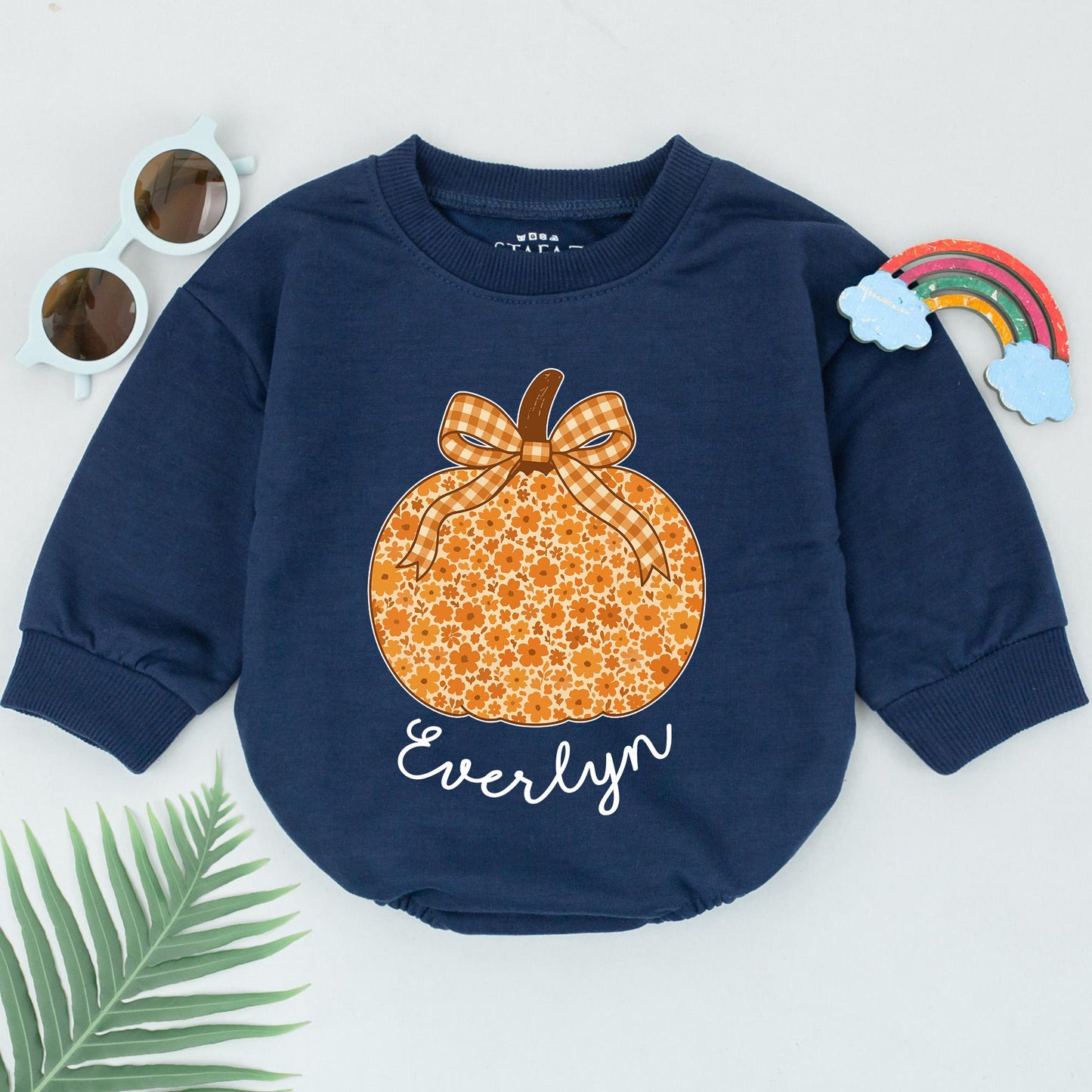 Personalized Chinoiserie Pumpkin Bubble Romper Floral Fall Thanksgiving Baby Girl Outfit Whimsical Orange Brown Gingham Bow Name Gift