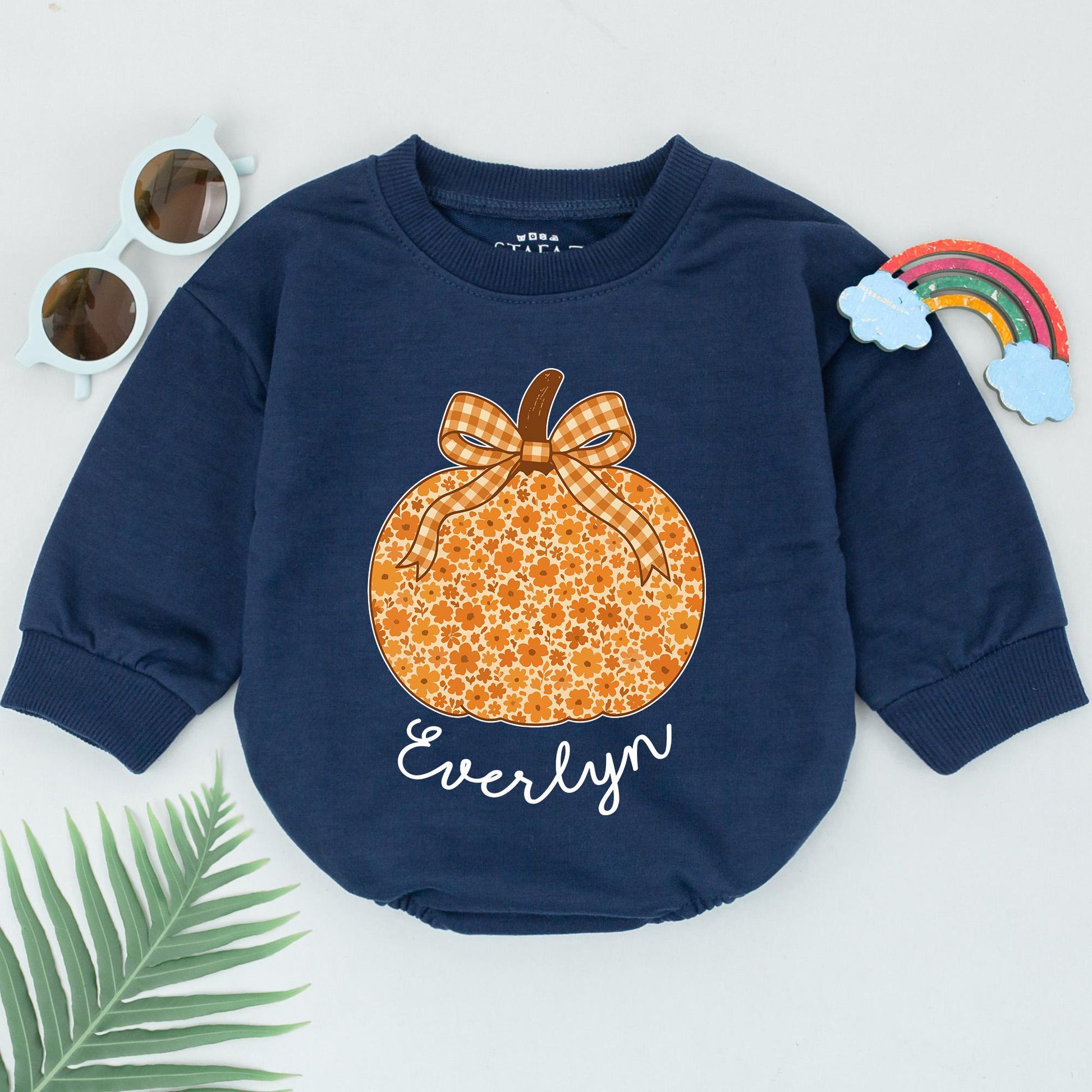 Personalized Chinoiserie Pumpkin Bubble Romper Floral Fall Thanksgiving Baby Girl Outfit Whimsical Orange Brown Gingham Bow Name Gift