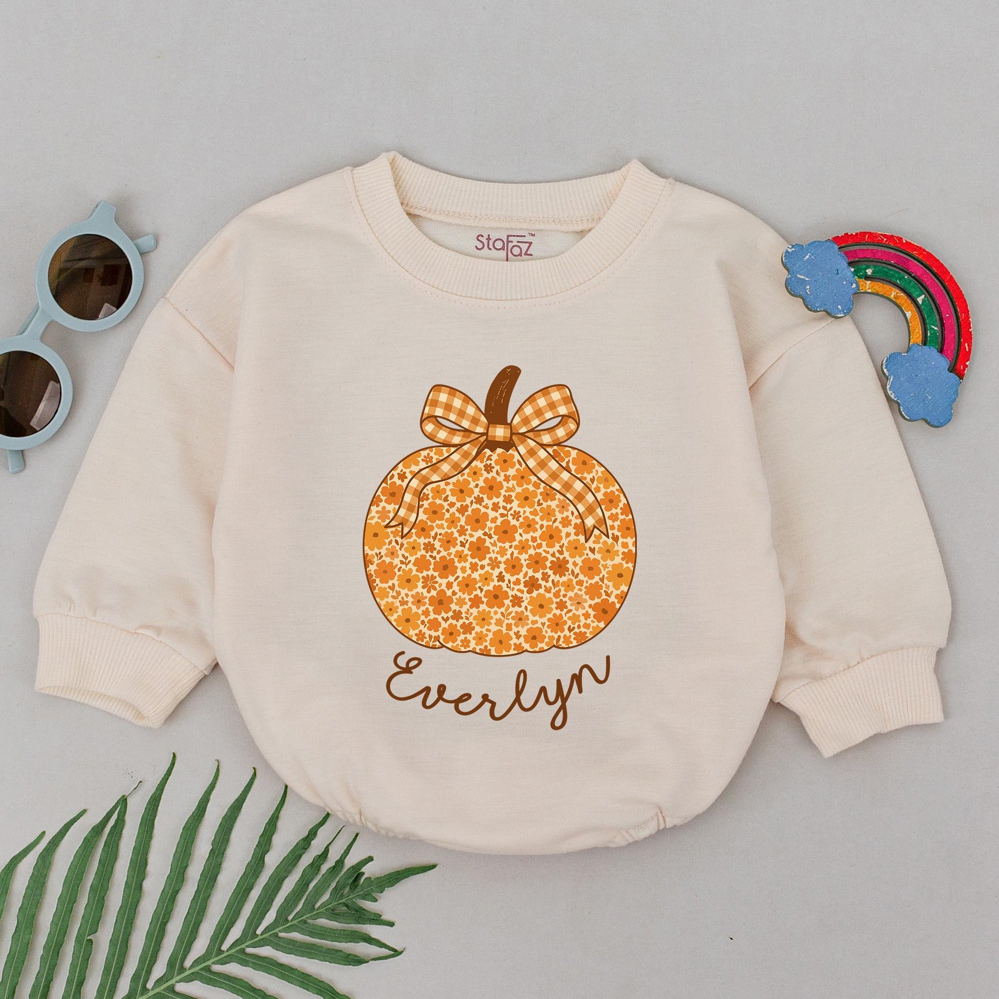 Personalized Chinoiserie Pumpkin Bubble Romper Floral Fall Thanksgiving Baby Girl Outfit Whimsical Orange Brown Gingham Bow Name Gift