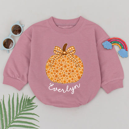 Personalized Chinoiserie Pumpkin Bubble Romper Floral Fall Thanksgiving Baby Girl Outfit Whimsical Orange Brown Gingham Bow Name Gift