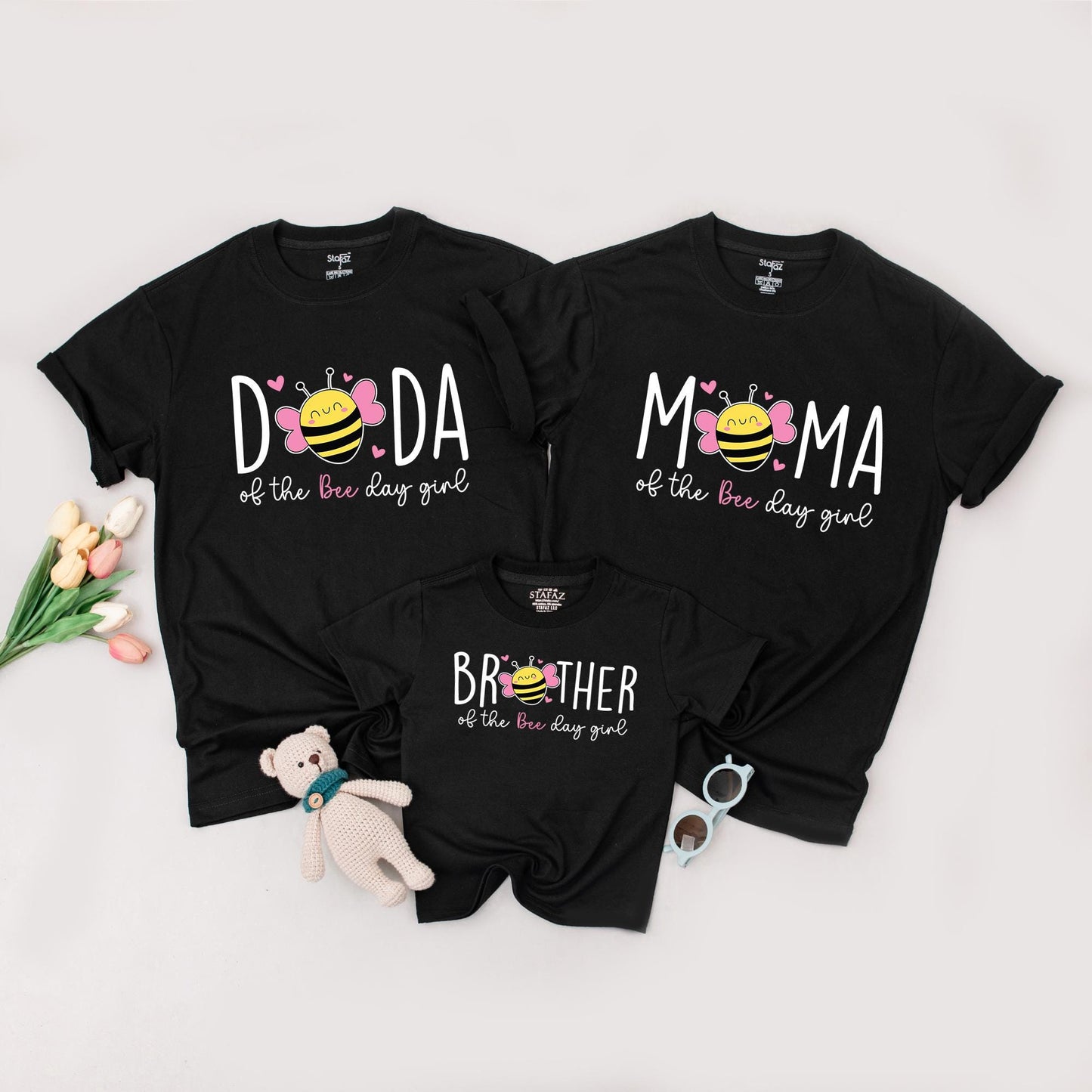 Sweet Bee First Birthday Matching Family Shirts, Bee Day Girl Outfit, Mommy and Me, Pink and Yellow, Cartoon Bee Party Theme, 1st Birthday