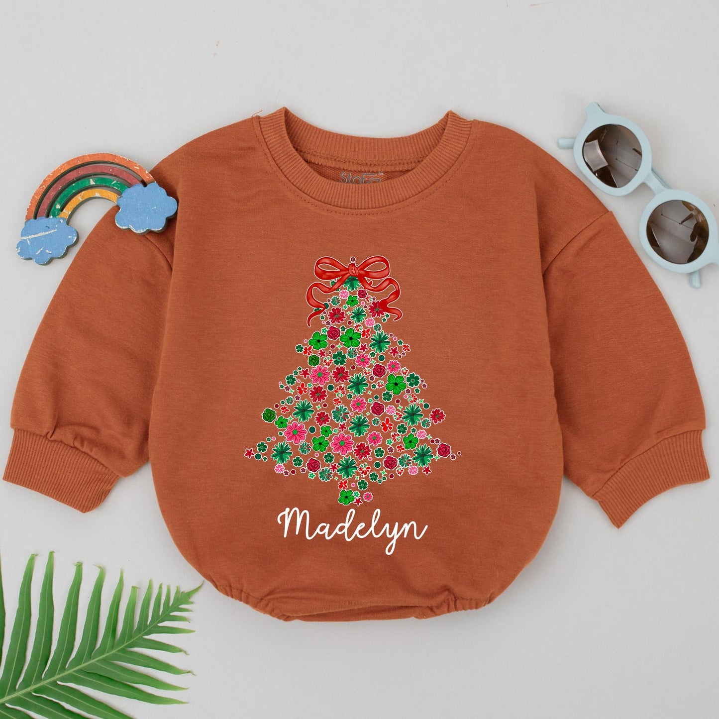 Personalized Madelyn Floral Christmas Tree Romper Baby Girl's First Xmas Bodysuit Red & Green Holiday Outfit Custom Name Baby Shower Gift (136 chars)