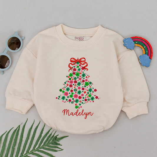 Personalized Madelyn Floral Christmas Tree Romper Baby Girl's First Xmas Bodysuit Red & Green Holiday Outfit Custom Name Baby Shower Gift (136 chars)