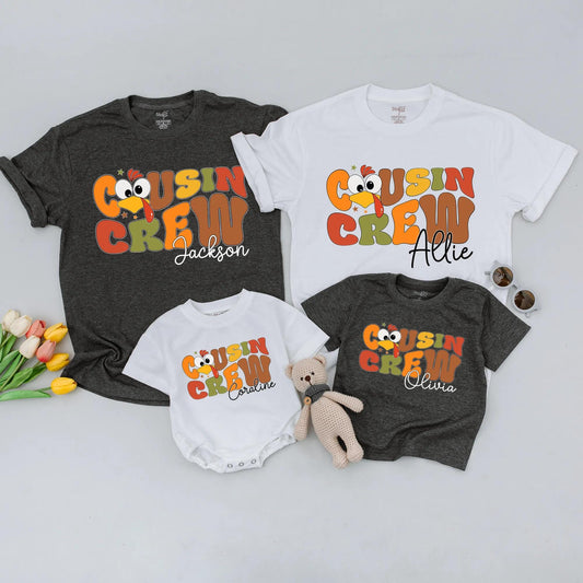 Personalized Cousin Crew Thanksgiving Matching Shirt with Names Retro Bubbly Turkey Design Star Accents Warm Palette Family Dinner Holiday Gift