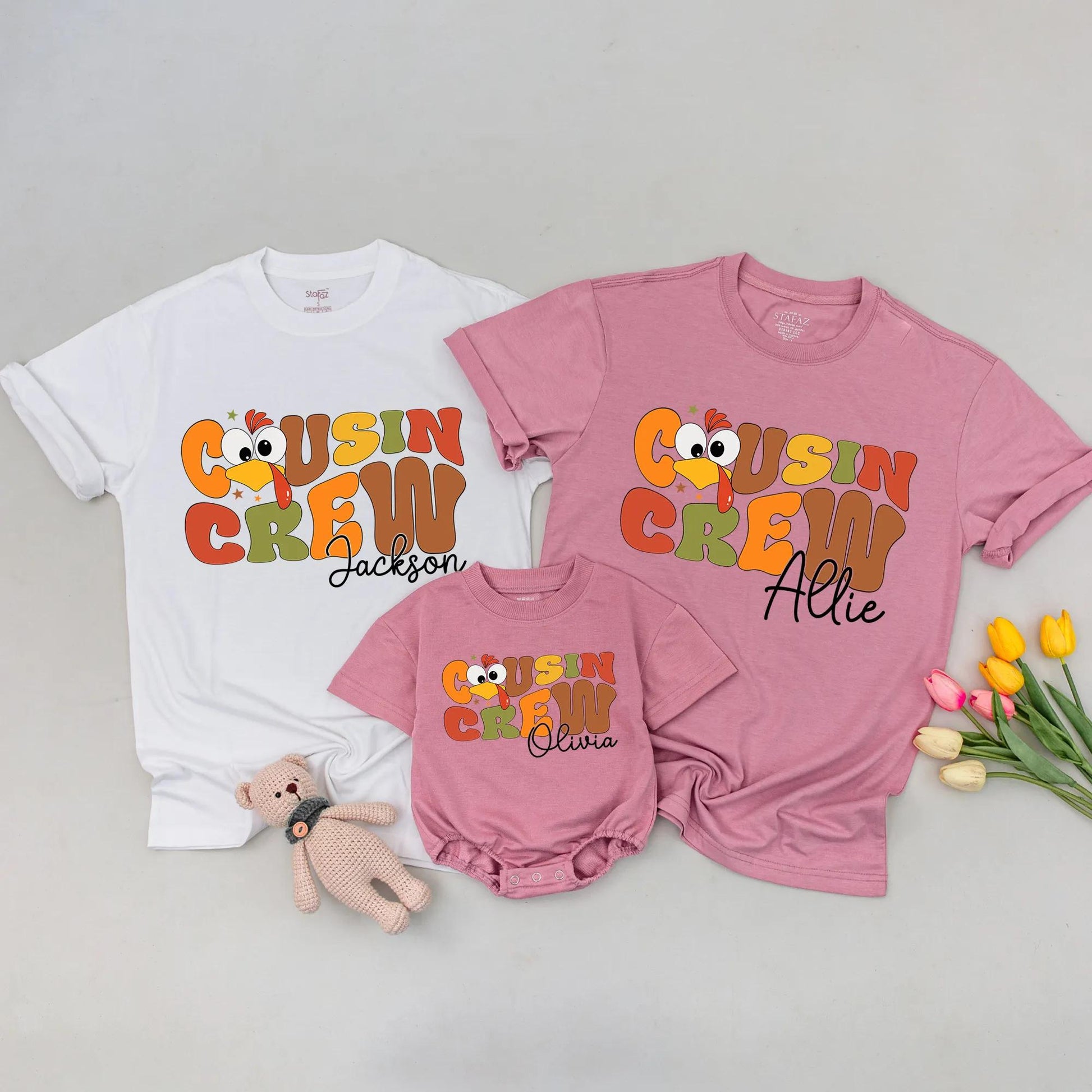 Personalized Cousin Crew Thanksgiving Matching Shirt with Names Retro Bubbly Turkey Design Star Accents Warm Palette Family Dinner Holiday Gift
