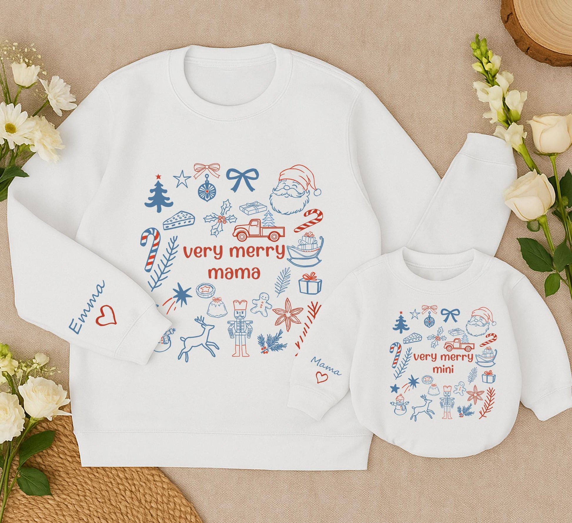 Personalized Very Merry Mama and Mini Matching Christmas Sweatshirts, Red and Blue Mom Daughter Holiday Outfits with Playful Hand-Drawn Icons