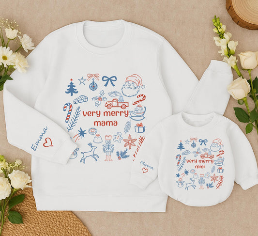 Personalized Very Merry Mama and Mini Matching Christmas Sweatshirts, Red and Blue Mom Daughter Holiday Outfits with Playful Hand-Drawn Icons
