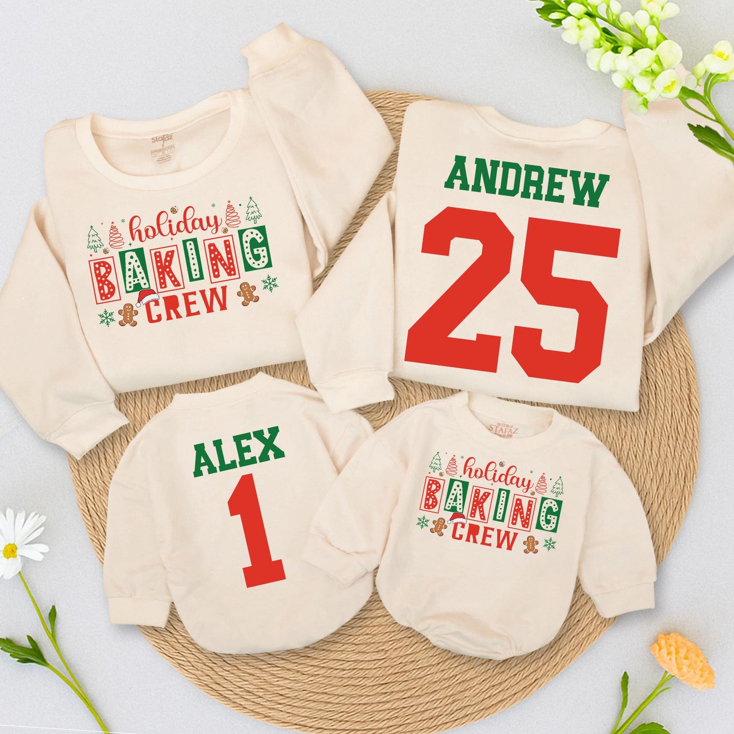 Holiday Baking Crew Matching Family Sweatshirts, Custom Christmas Outfits, Personalized Name Number Cookie Romper, Festive Christmas Tree Gingerbread  (139 chars)