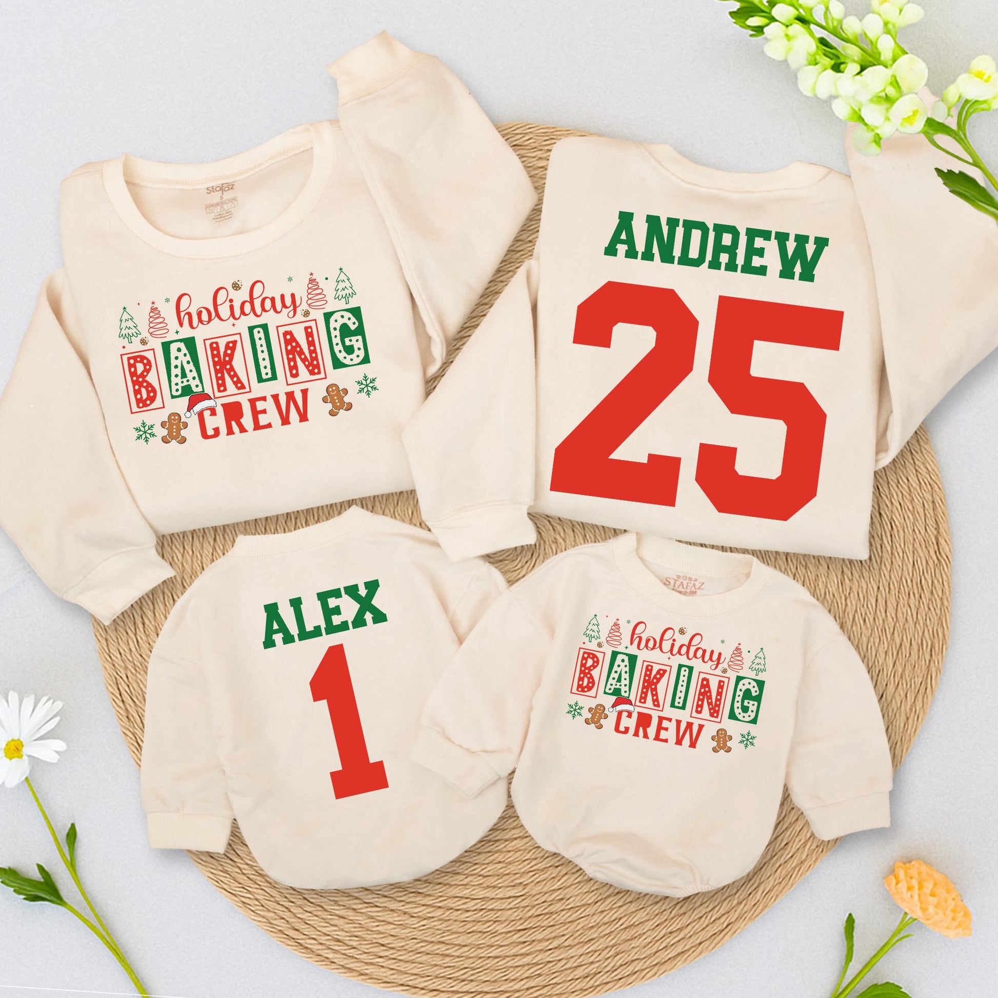 Holiday Baking Crew Matching Family Sweatshirts, Custom Christmas Outfits, Personalized Name Number Cookie Romper, Festive Christmas Tree Gingerbread  (139 chars)