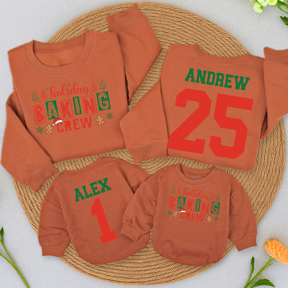 Holiday Baking Crew Matching Family Sweatshirts, Custom Christmas Outfits, Personalized Name Number Cookie Romper, Festive Christmas Tree Gingerbread  (139 chars)