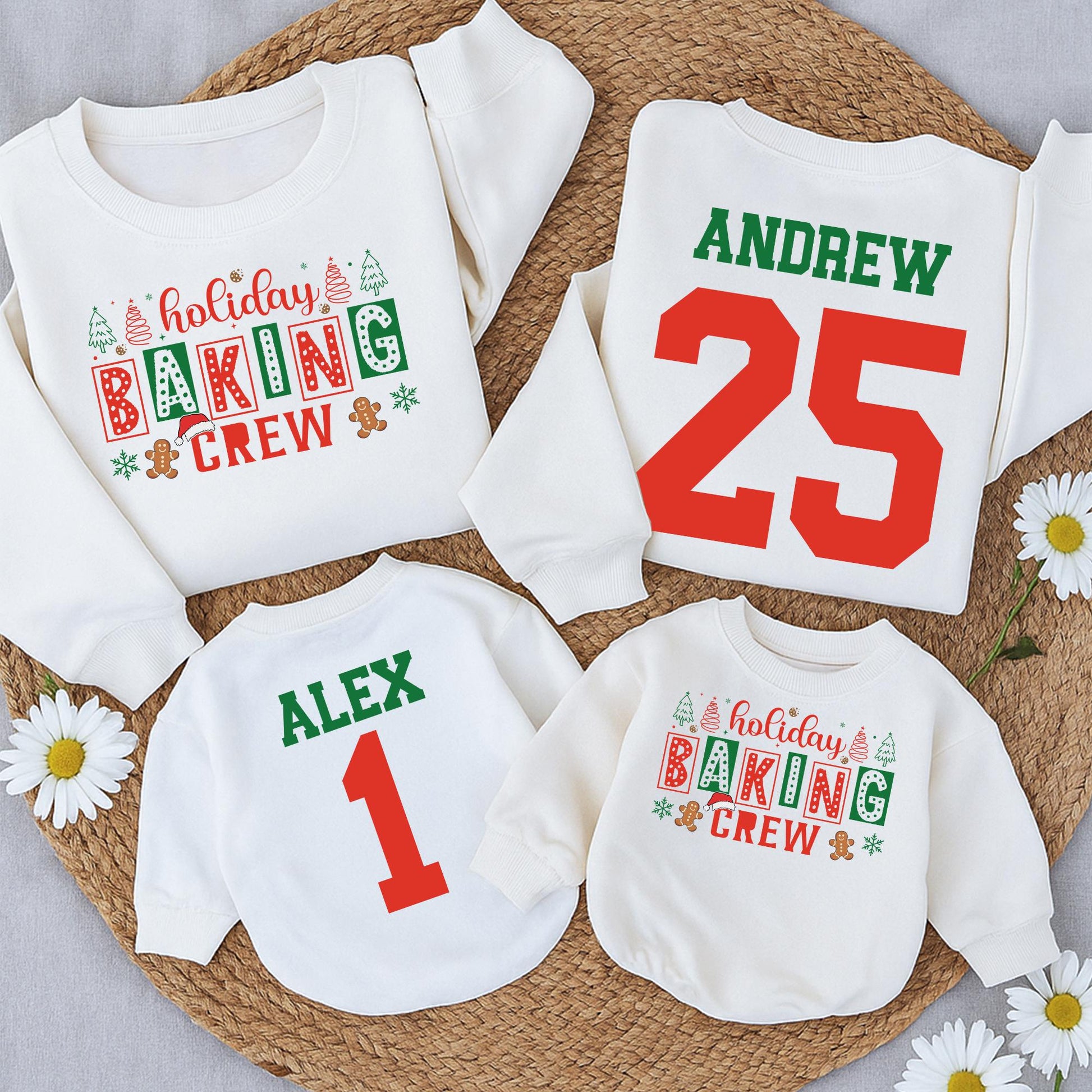 Holiday Baking Crew Matching Family Sweatshirts, Custom Christmas Outfits, Personalized Name Number Cookie Romper, Festive Christmas Tree Gingerbread  (139 chars)