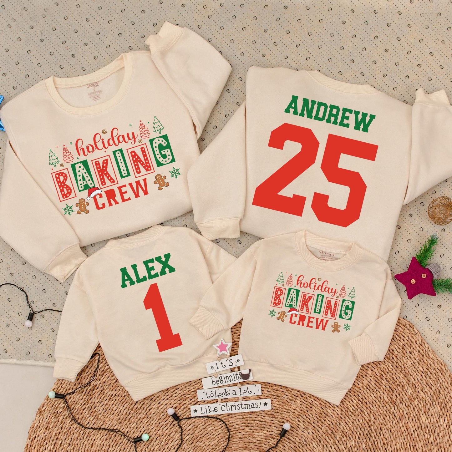 Holiday Baking Crew Matching Family Sweatshirts, Custom Christmas Outfits, Personalized Name Number Cookie Romper, Festive Christmas Tree Gingerbread  (139 chars)