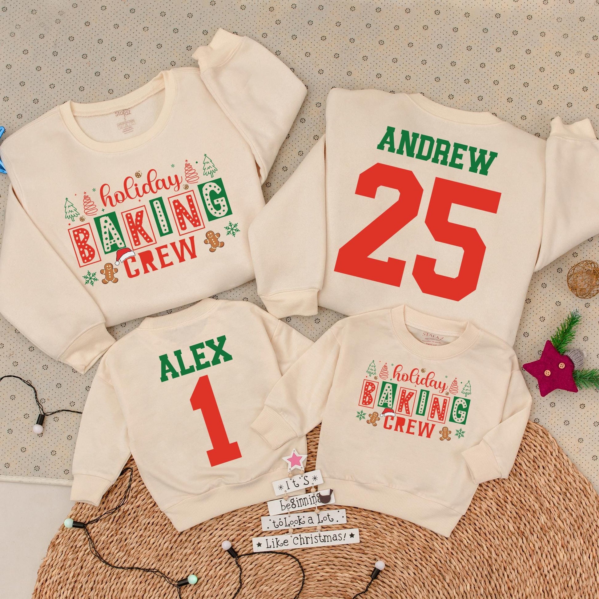 Holiday Baking Crew Matching Family Sweatshirts, Custom Christmas Outfits, Personalized Name Number Cookie Romper, Festive Christmas Tree Gingerbread  (139 chars)