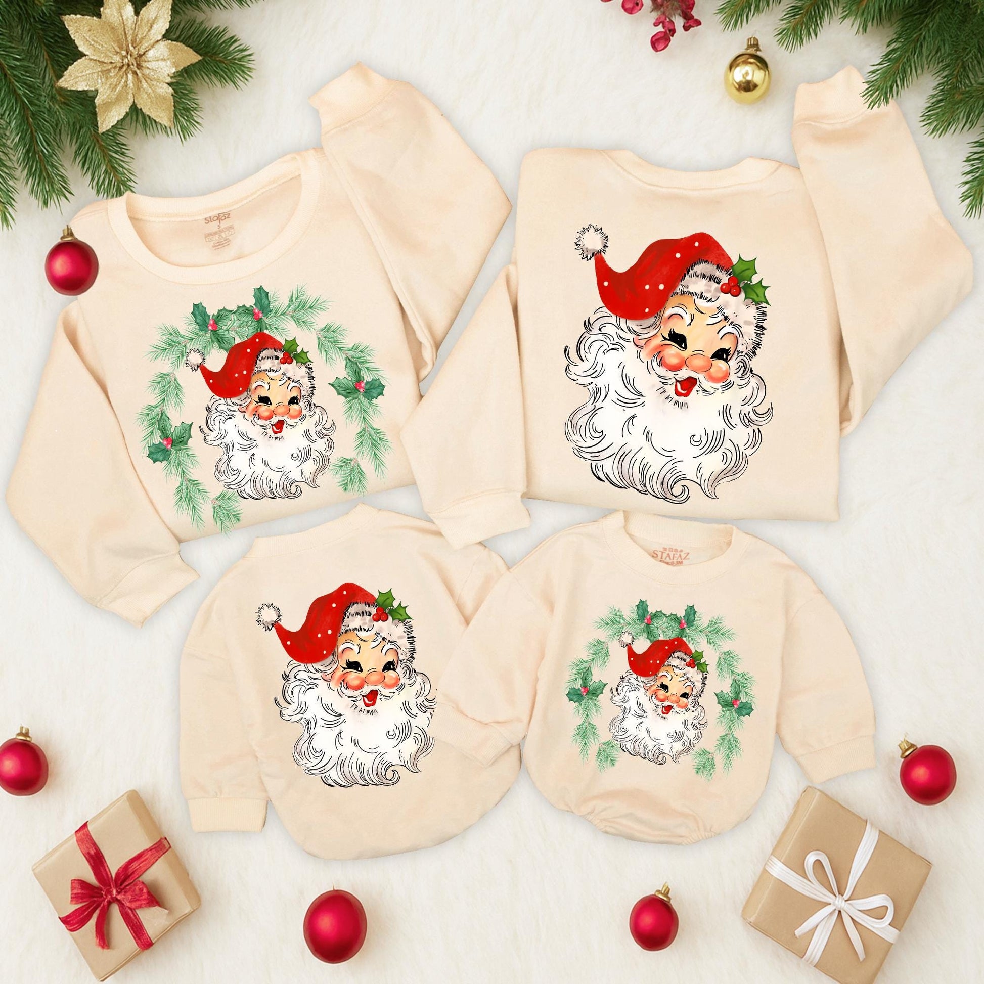 Retro Santa Christmas Family Matching Sweatshirt Vintage Graphic Two-Sided Holiday Toddler Baby Kids Outfit Rosy Cheeks Holly Hat Wreath