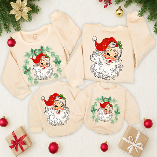 Retro Santa Christmas Family Matching Sweatshirt Vintage Graphic Two-Sided Holiday Toddler Baby Kids Outfit Rosy Cheeks Holly Hat Wreath