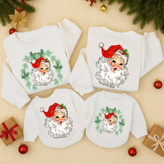 Retro Santa Christmas Family Matching Sweatshirt Vintage Graphic Two-Sided Holiday Toddler Baby Kids Outfit Rosy Cheeks Holly Hat Wreath