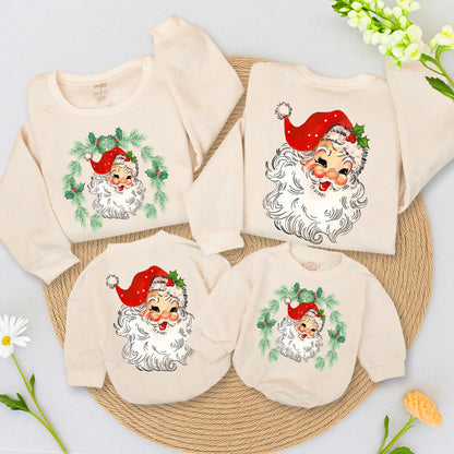 Retro Santa Christmas Family Matching Sweatshirt Vintage Graphic Two-Sided Holiday Toddler Baby Kids Outfit Rosy Cheeks Holly Hat Wreath