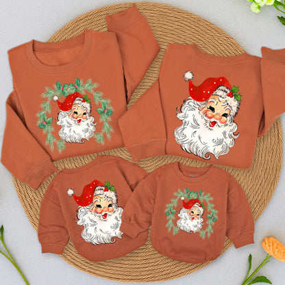 Retro Santa Christmas Family Matching Sweatshirt Vintage Graphic Two-Sided Holiday Toddler Baby Kids Outfit Rosy Cheeks Holly Hat Wreath