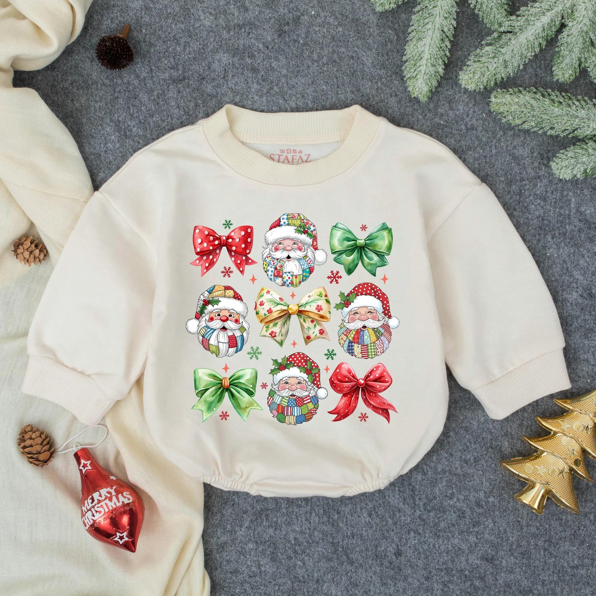 Patchwork Santa Claus Baby Bubble Romper Retro Christmas Vintage Holiday Infant Toddler Outfit Festive Shower Gift