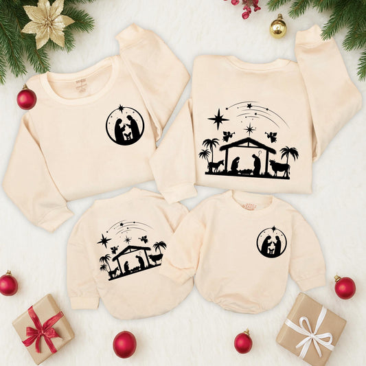 Oh Holy Night Nativity Scene Sweatshirt Simple Illustrative Christian Christmas Jesus Baby Birth Simple Art Christian Gift Cozy Holiday Wear