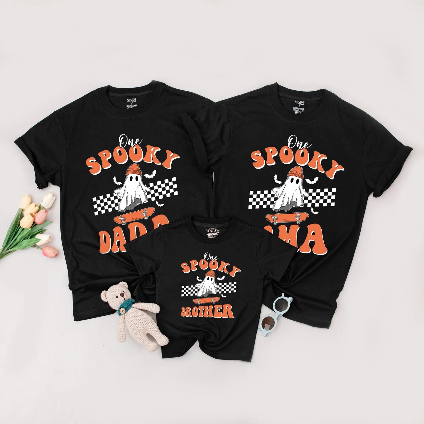 One Spooky Dude First Birthday Shirt Skater Ghost Beanie Design Matching Family Halloween Outfits Orange Black Retro Baby Toddler Party Tee