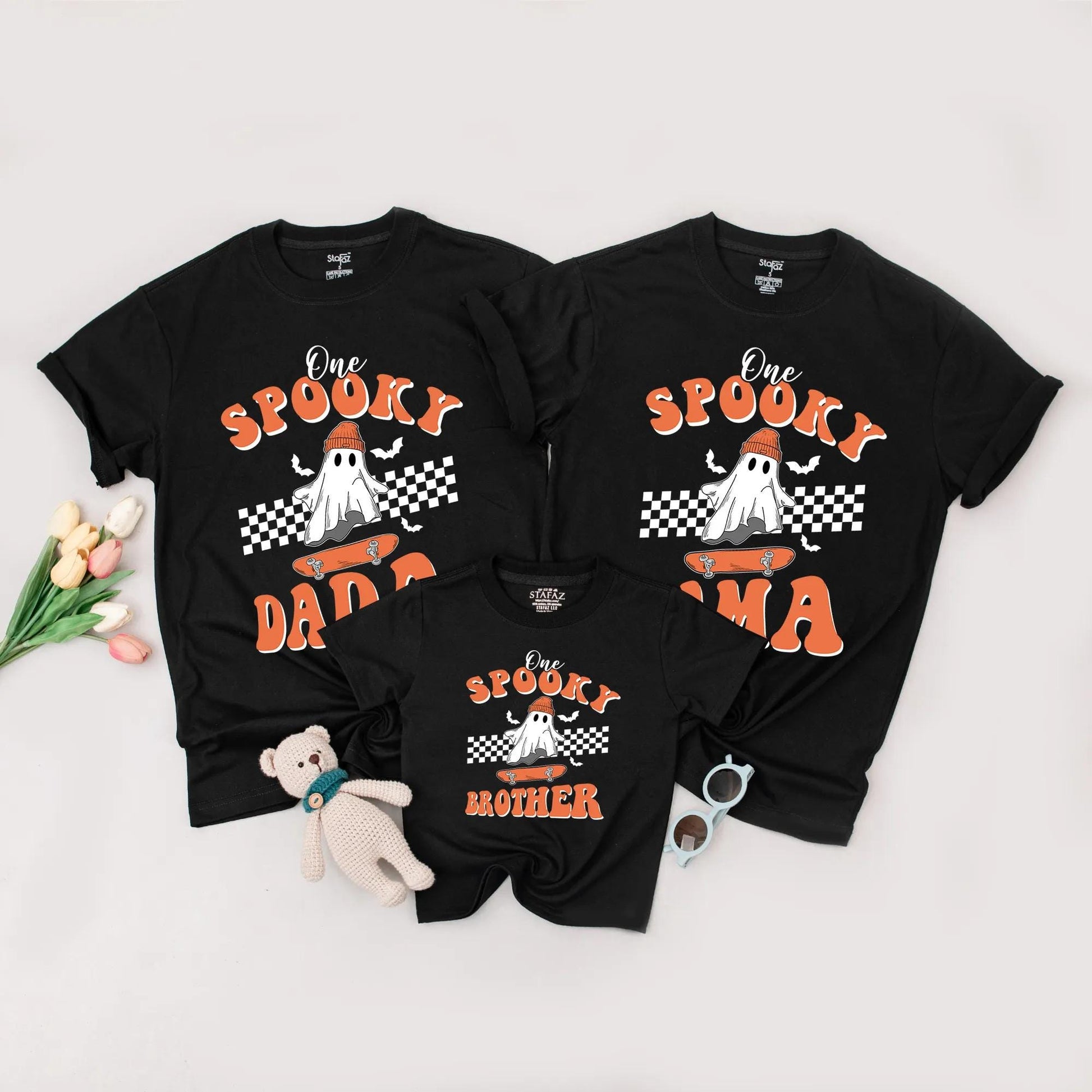 One Spooky Dude First Birthday Shirt Skater Ghost Beanie Design Matching Family Halloween Outfits Orange Black Retro Baby Toddler Party Tee
