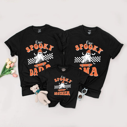 One Spooky Dude First Birthday Shirt Skater Ghost Beanie Design Matching Family Halloween Outfits Orange Black Retro Baby Toddler Party Tee