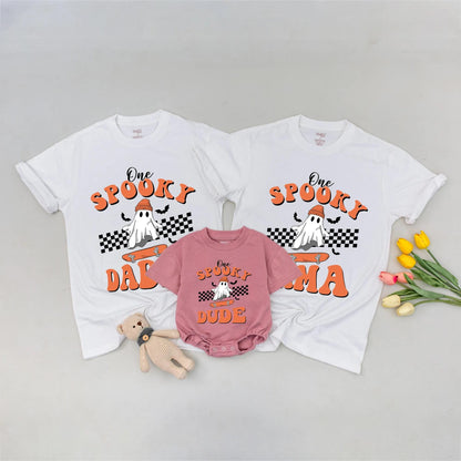 One Spooky Dude First Birthday Shirt Skater Ghost Beanie Design Matching Family Halloween Outfits Orange Black Retro Baby Toddler Party Tee