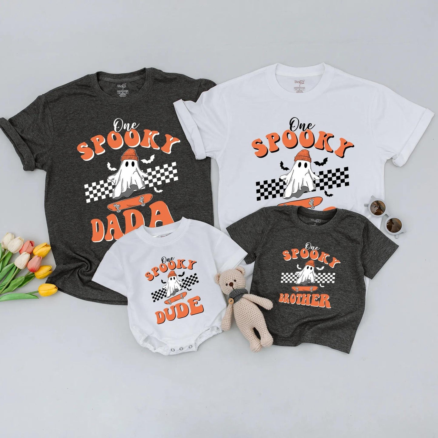 One Spooky Dude First Birthday Shirt Skater Ghost Beanie Design Matching Family Halloween Outfits Orange Black Retro Baby Toddler Party Tee